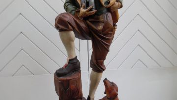Holzfigur, 1m, Meisterstück, Jäger mit Dackel, handgeschnitzt