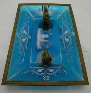 Glasschale hellblau, Schwäne, Bronz-, Messingabl. Malerei 19Jhd.